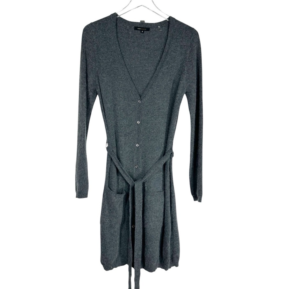 BCBG MAXAZRIA Women's Medium Charcoal Grey Long Soft Angora Cardigan with Belt
